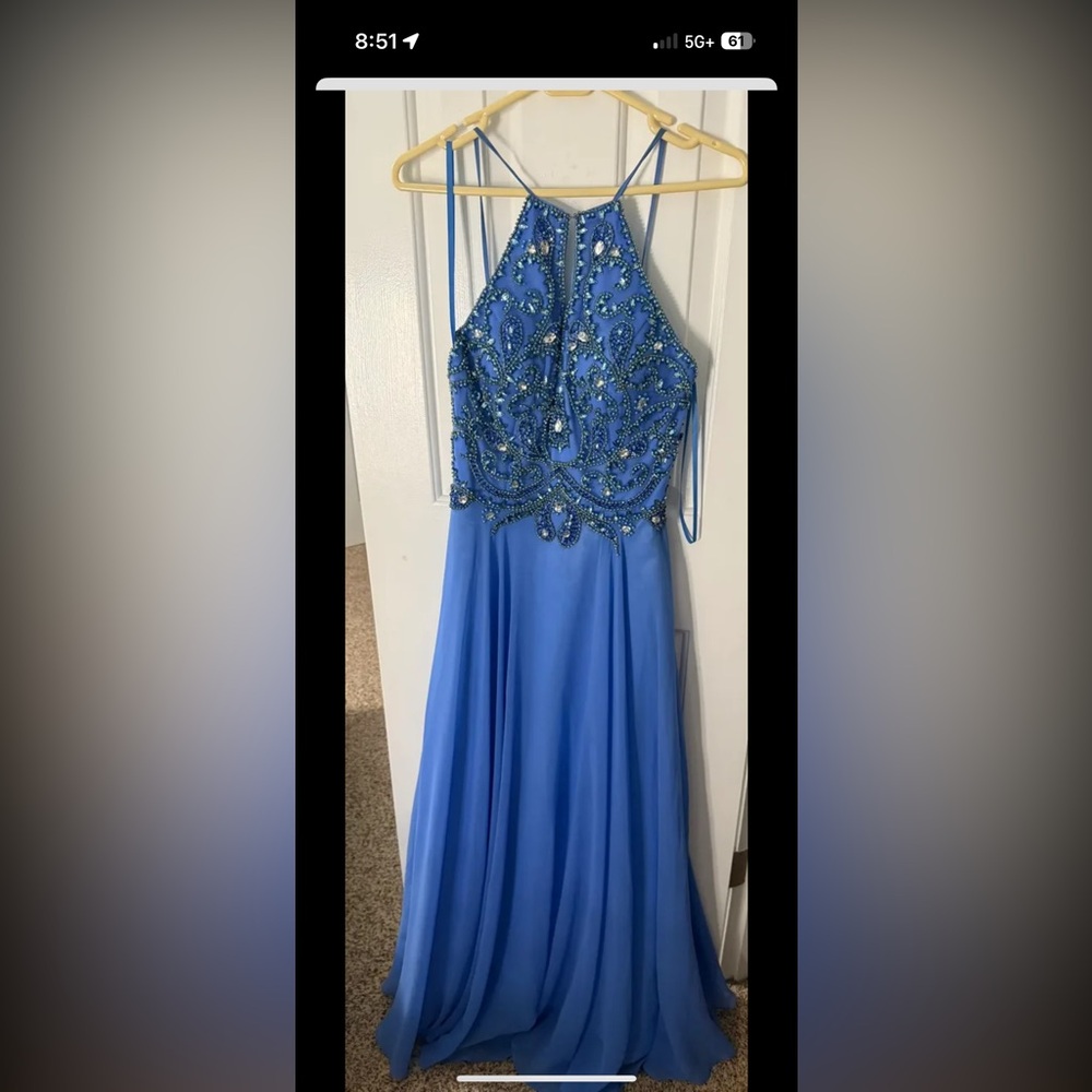 Blue Sequin Embellished Halter Prom Gown